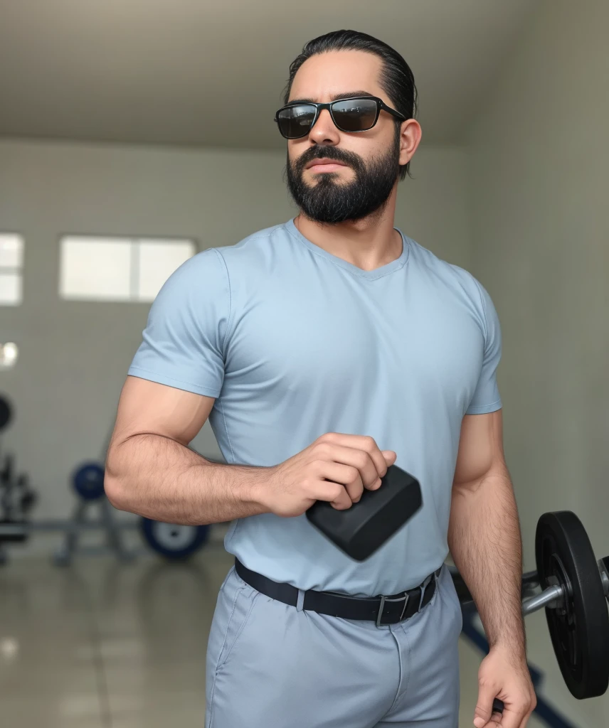 Upper part of the body, 38 year old man with beard and sunglasses.. Man wearing blue t-shirt and cap, Training with weights in the gym, very beautiful. super polished and cool, medium shot of a handsome man.