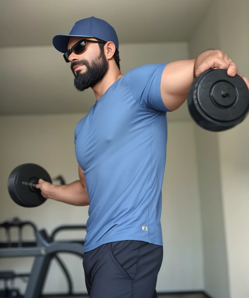 Upper part of the body, 38 year old man with beard and sunglasses.. Man wearing blue t-shirt and cap, Training with weights in the gym, very beautiful. super polished and cool, medium shot of a handsome man.