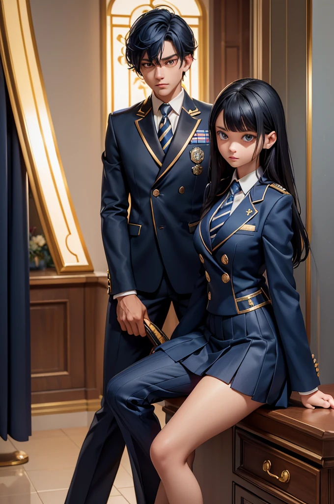 Boys' Uniform:

Top: Light blue dress shirt.
Tie: Dark blue tie with gold stripes.
Blazer: Dark blue with gold piping on the edges and an embroidered academy badge on the left chest.
Pants: Dark blue trousers.
Shoes: Black dress shoes.
Girls' Uniform:

Top: Light blue blouse.
Blazer: Dark blue with gold piping on the edges and an embroidered academy badge on the left chest.
Skirt: Dark blue, knee-length skirt or dark blue trousers.
Accessories: Dark blue tie or bow with gold stripes.
Shoes: Black flats or dress shoes.
Common Elements:

Academy Badge: Embroidered on the left chest of the blazer.
Optional: Dark blue sweater or vest with gold trim for colder weather.