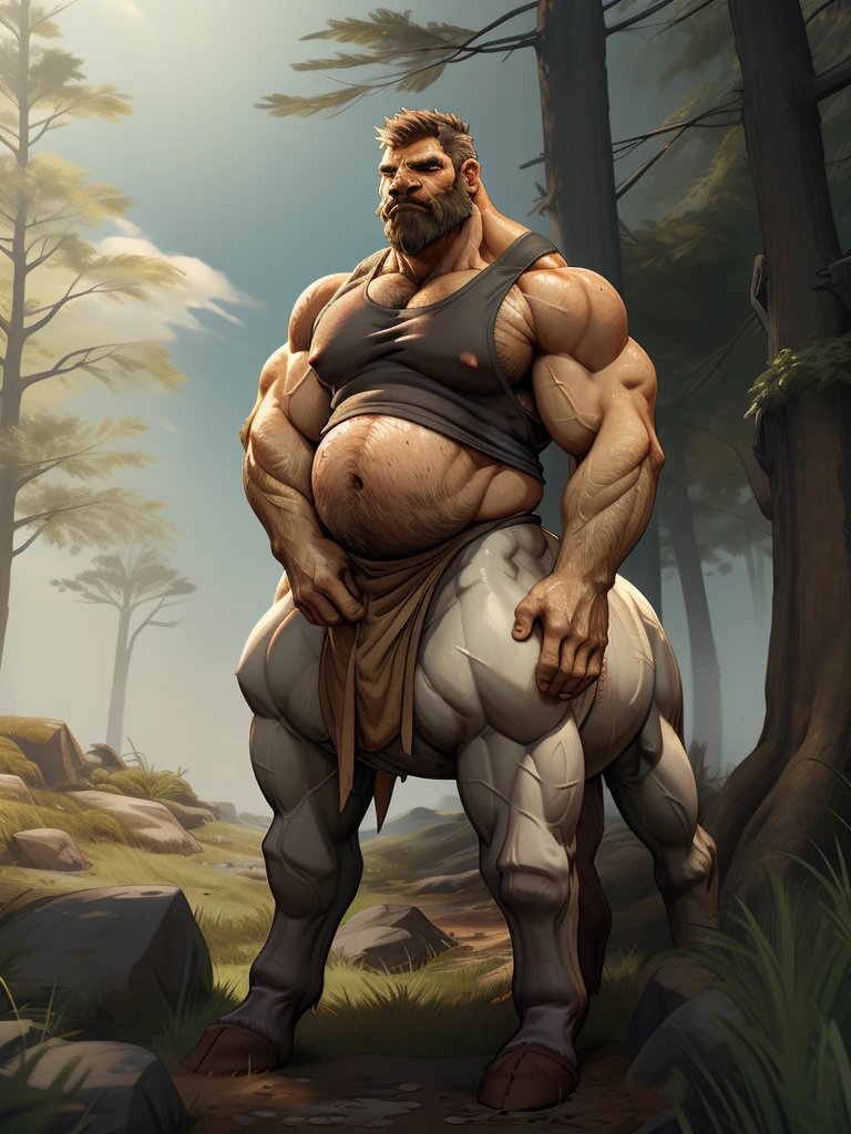 large muscular man standing on large animal as he sits around eating something, 1boy, male focus, solo, taur, fat, full beard, fat man, facial hair, grass, uncensored, testicles, tanktop