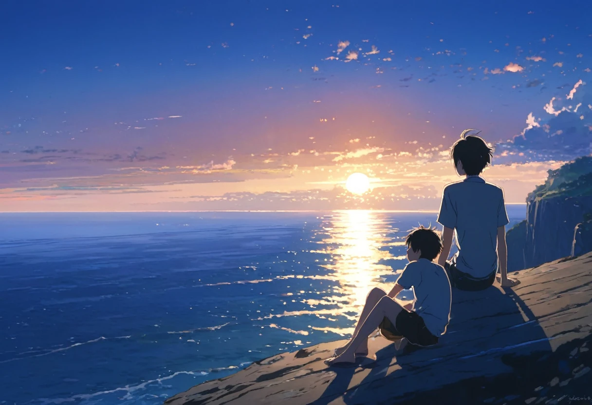 Couple sitting on a cliff looking out to sea, Paintings by Makoto Shinkai, Topics on pixiv, Conceptual Art, sakimichan and makoto shinkai, yusuke murata and makoto shinkai, makoto shinkai. —h 2160, Ross Tran and Makoto Shinkai, Guweiz and Makoto Shinkai、A fantastic sunset reflected on the sea、Close up of two boys、Journey、Sorrow、Two people dyed in the sunset