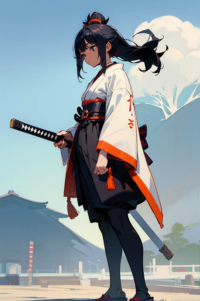 Teen , Female, samurai Clothing, Standing pose, Town background, black skin color