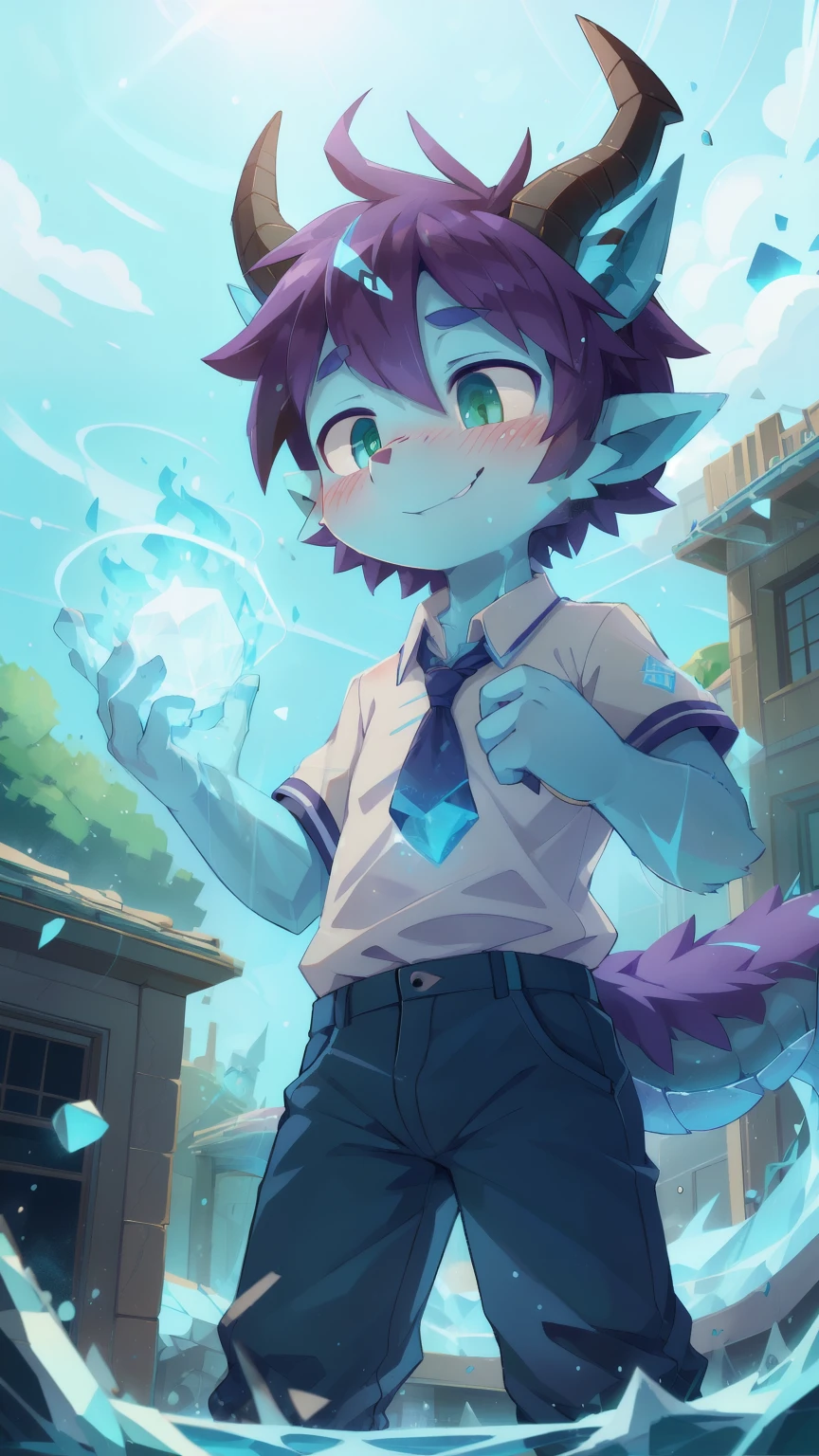 score_9,score_8_up,score_7_up, source_cartoon, source_furry, dragon boy, horns, green eyes, tail, purple hair, shota, , furry, blush, dragon tail, looking at viewer, smile, 1boy, dragon horns, pointy ears, , short hair, furry male, two tone body fur, blue body fur, clear blue body fur, ((school uniform, school shirt, blue pants)), school, clear sky, standing, low angle, straddle view, hand palm with magic blue fire, magic effect, magic particles, ice magic, water creation, magic fight, 