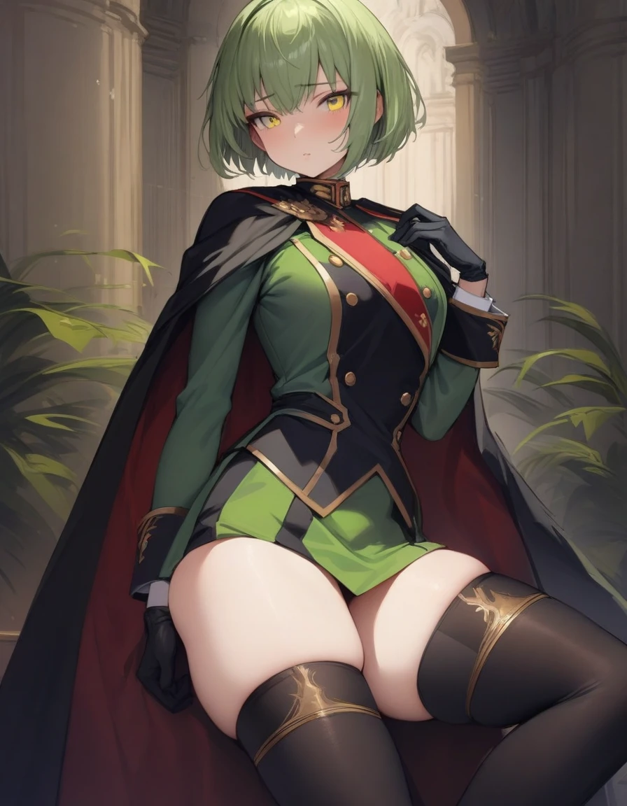 ((Best Quality)), ((Masterpiece)), (detailed),girl , short hair , elegant uniform , thigh high stockings , good body , light green fur , black gloves , green and yellow eyes , Long black cape , high , alone