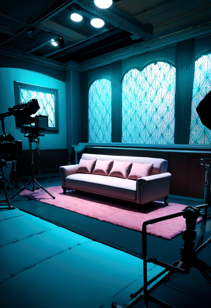 Close-up of a sofa in a room with windows, performing in a TV studio, beautiful interior Sense of luxury tiffany blue wallpaper Italian aristocratic interior