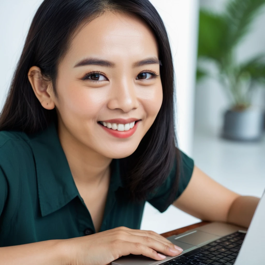 headshot photo of indonesian writer woman, smiling, looking at viewer, side view, laptop at the background