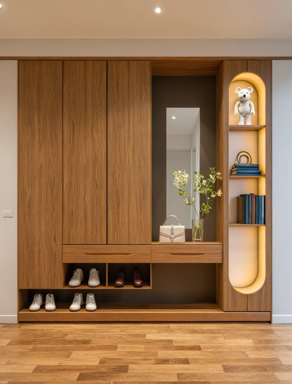 Raw photo,Masterpiece, high quality, best quality, authentic, super detail, interior, shoes Cabinet style modern luxury, shoe cabinets, decorative cabinets, flower vases, decorations, books, wooden floor, handbags, shoes, bearbrick, ((mirror)), (daylight:1.1), vivid colour, (realistic:1.2), 