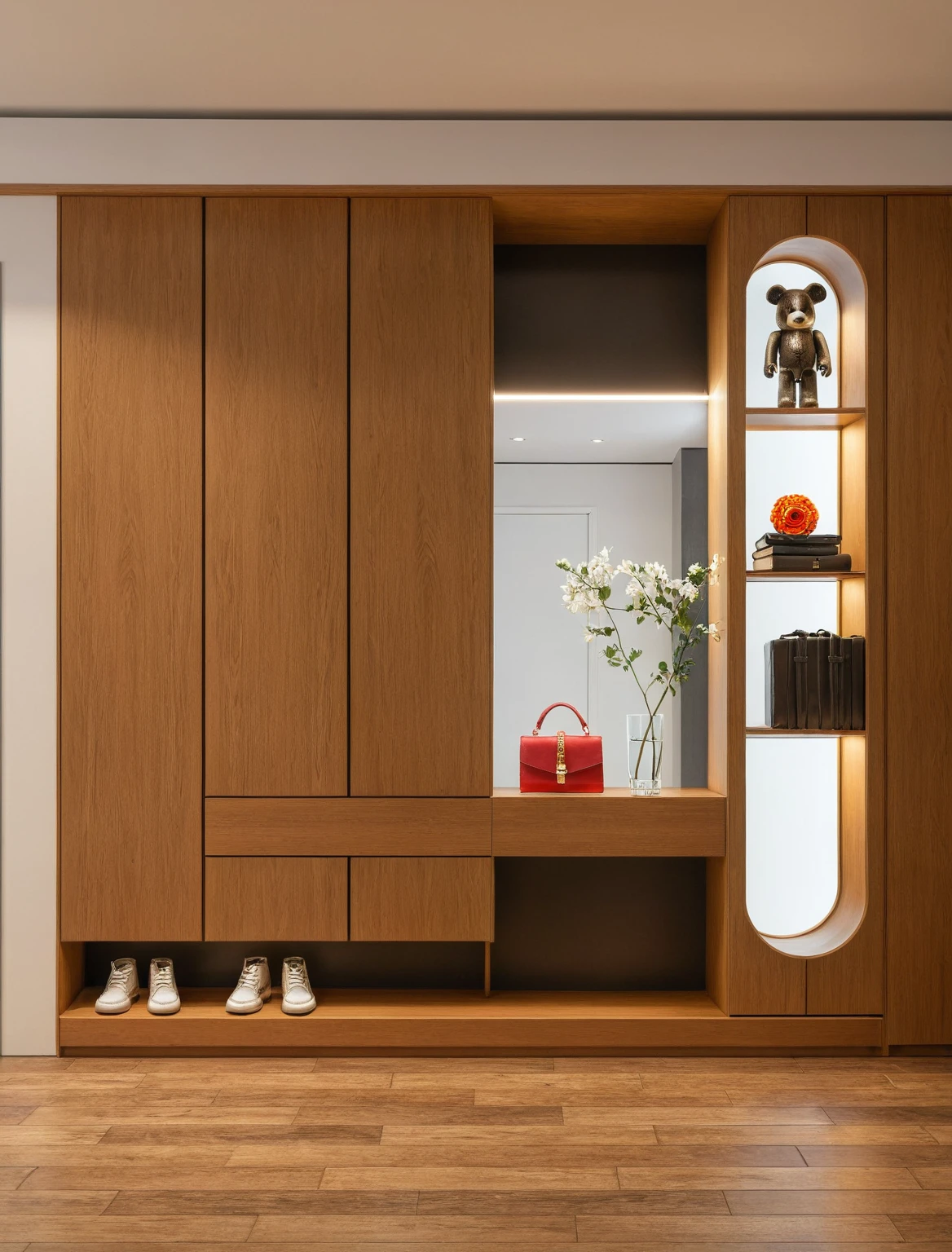 Raw photo,Masterpiece, high quality, best quality, authentic, super detail, interior, shoes Cabinet style modern luxury, shoe cabinets, decorative cabinets, flower vases, decorations, books, wooden floor, handbags, shoes, bearbrick, ((mirror)), (daylight:1.1), vivid colour, (realistic:1.2), 