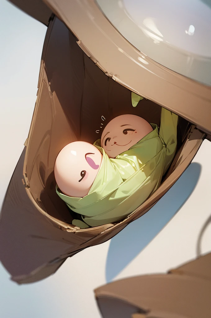 Singual egg with human face, and has 2 human legs and 2 human arms coming out of it