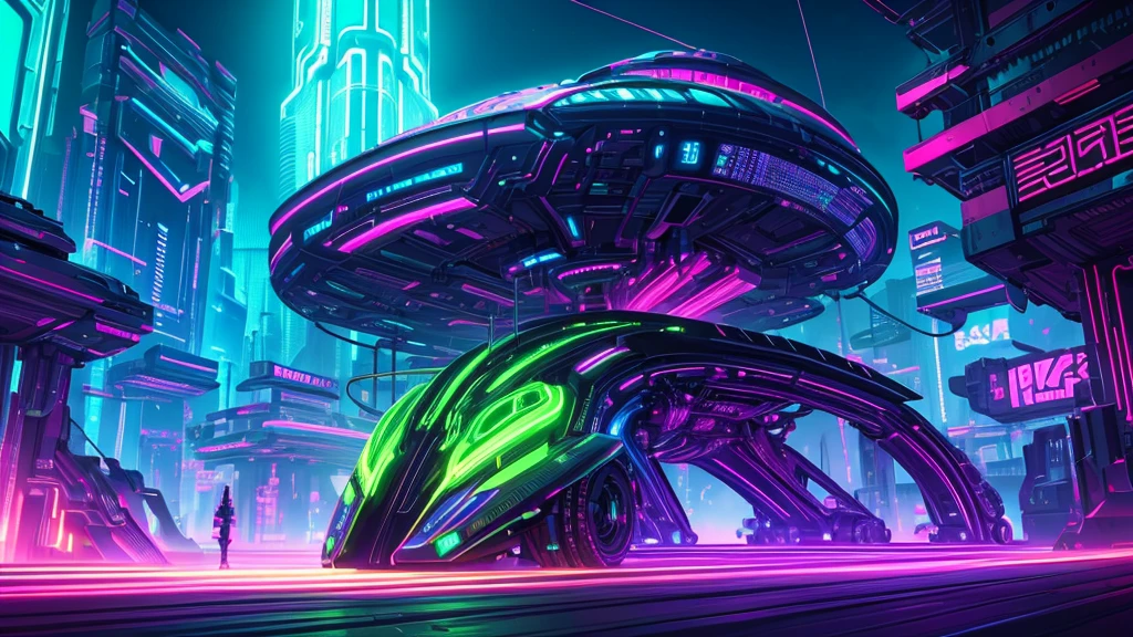 A highly detailed, surreal cyberpunk landscape with glowing, neon-colored futuristic plant-like structures, intricate mechanical details, holographic elements, dynamic lighting, cinematic composition, vibrant colors, dramatic shadows and highlights, a sense of wonder and awe, a seamless blend of organic and technological elements, photorealistic quality, 8k resolution, masterpiece.