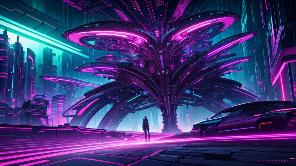 A highly detailed, surreal cyberpunk landscape with glowing, neon-colored futuristic plant-like structures, intricate mechanical details, holographic elements, dynamic lighting, cinematic composition, vibrant colors, dramatic shadows and highlights, a sense of wonder and awe, a seamless blend of organic and technological elements, photorealistic quality, 8k resolution, masterpiece.