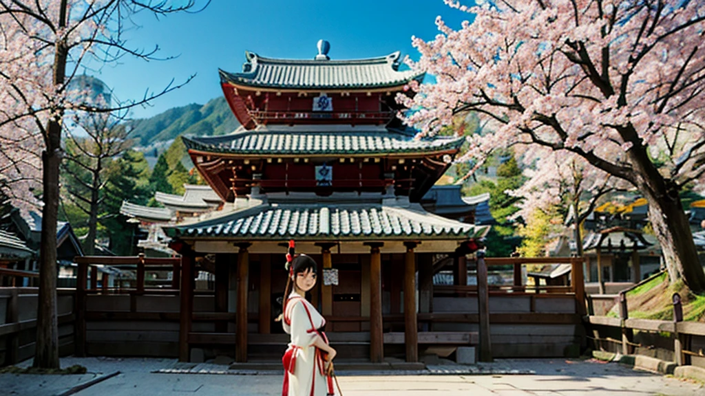 A quiet Japanese shrine maiden holding a bow and arrow smiling at the camera in front of the temple,Anime style