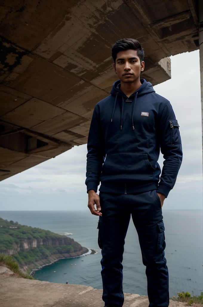 Young man indian face, wearing a navy blue hoodie jacket, cargo pants, standing on the edge of a high cliff. best quality