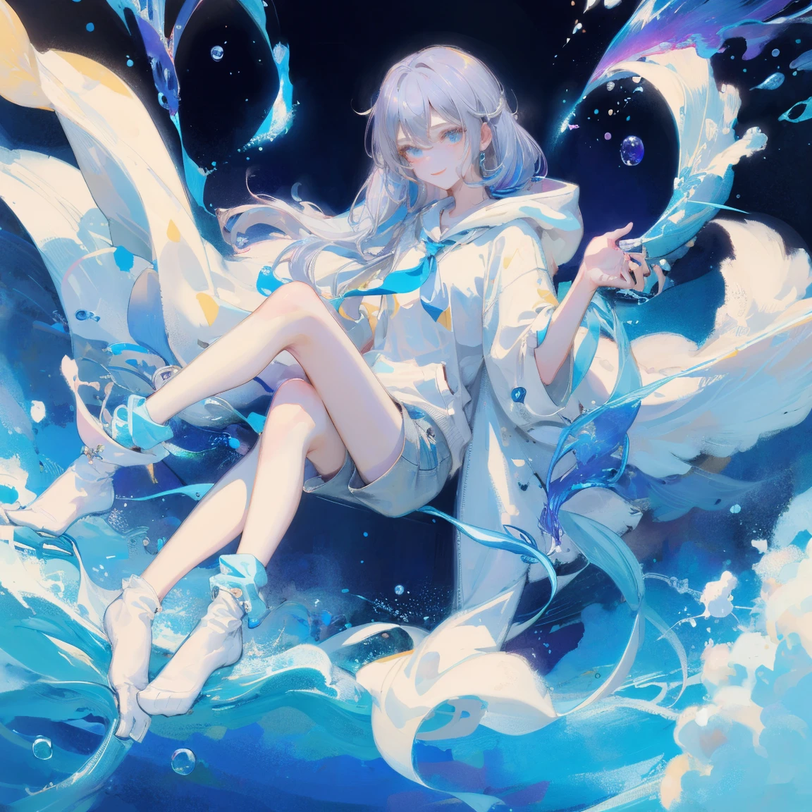 ((top-quality)), ((masterpiece)), ((ultra-detailliert)), (Extremely delicate and beautiful), girl with, report, cold attitude,((White hoodie)),She is very(relax)with the(Settled down)Looks,depth of fields,Evil smile,Bubble, under the water, Air bubble,Underwater world bright light blue eyes,inner color with bright gray hair and light blue tips,,,,,,,,,,,,,,,,,,,,,,,,Cold background,Bob Hair - Linear Art, shortpants、knee high socks、White uniform like school uniform、Light blue ribbon ties、Clothes are sheer、The hand in my right pocket is like a sapphire,Fronllesse Blue, A small blue light was floating、fantastic eyes、selfy,Self-shot、Bangs fall on the eyes, give a sexy impression.