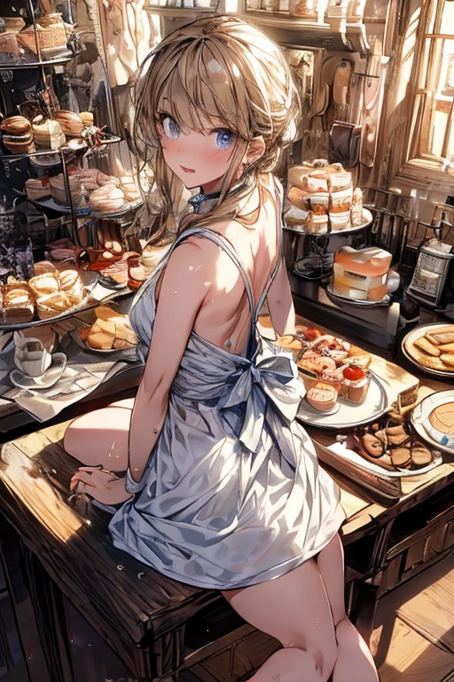 (from above:1.2),18 year old beautiful girl,Purplish blue eyes that dreamers desire,(Blonde hair) , small stature, (masutepiece:1.2, Best Quality),(finely detailed beautiful eye: 1.2),(beautifull detailed face),(perky chest:1.1),(pointed chest:1.2),(cakes magazine cover:1.5),(Best Illumination, extremely delicate and beautiful),sexy pose,make a cocktail , in a bar counter,Ultra Contrast,Braid a little around the ears, White long dress, (very detailed),(Raw photo, highest quality),(realistic, Photoreal:1.3), high detail, very detailed complex 3D rendering of face, (very detailed skin:1.2), dynamic angle, fire glow effect, professional lighting, side light, cinematic light, a super high resolution, 8K , best shadow, particles of light, Fine skin texture, detailed face, intricate details, Super detailed, shine, Please reconsider, full body,, beautiful face, shiny skin, thin, nice companion, delicate body, thin legs, naked apron, ((crawl on all fours:0.4)), beautiful back, butt, turn around, A picture from a little behind, bend the body, the skirt is floating in the wind, Dark purple panties, thin Pubic hair ,(with sparkling eyes and a contagious smile), open mouth, highest quality, high resolution, Real World, Natural light, perfect Natural Light, ((the tip is protruding, areolas protruding,The shape of the pubic area is clearly visible:1.2)),Sweating,Wet,Wet crotch,Wet thighs,Realistic, (cute, perfect clothes, skimpy clothes, cute: 1.3) ,narrow waist,(with sparkling eyes and a contagious smile:0.9),looking at viewer,
