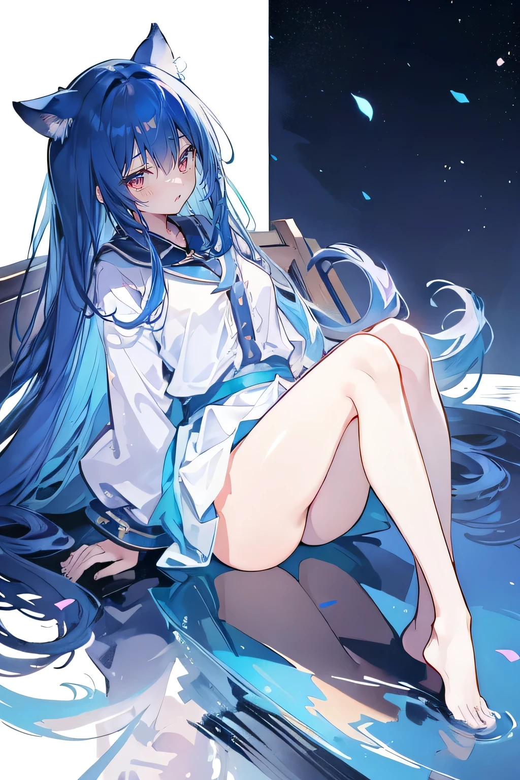 (masterpiece:1.2),Super detailed,lifelike,Expressive eyes,fair skin,perfect face shape,1 girl,
Japanese comics,Gorgeous blue hair,flowing blue hair,flowing clothes,Cat ears,Petals fall,beautiful lola,Baby Angel,
Shaking head with one hand,Cross your legs,Gentle and peaceful background,The pavilion is cool and comfortable,smile, wearing hoodie, background of tokyo,back views,snowing, winter,lie on the water,Lying on the ground。Dark blue gradient hair,asymmetrical hair,((Hair is very thick 1.8,Chiseled hair 1.6)), Hair over the shoulders, Messy hair, Very long hair, shiny hair,(long dark blue hair:1.2),A beautiful girl,(Transparent clothes transparent 1.8),Perfect body,Big thin legs,slender,(Looks very sad,Looks haggard ,sadness,shut your mouth:1.2) Against the backdrop of an unusually bright dark starry sky,(Put your hands behind your back),(round,Room, Strong breasts),barefoot,float,water surface,(long legs,long legs,long legs,Complete)