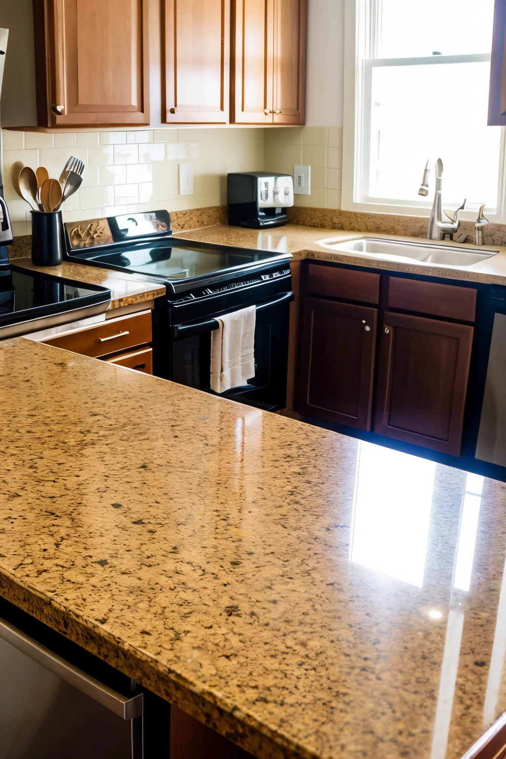  A messy countertop in apartment kitchen. there was a lot of spices broken spices bottles on the countertop. sink and stove is visible on the background. the lighting is very dimm