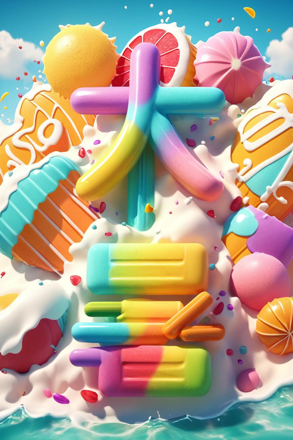 ice lolly text design, cartoony, summer beach background, Special features, Octane rendering and blender, hyper quality, clear features, Ultra HD and 8K resolution,Fresh hand drawn illustration