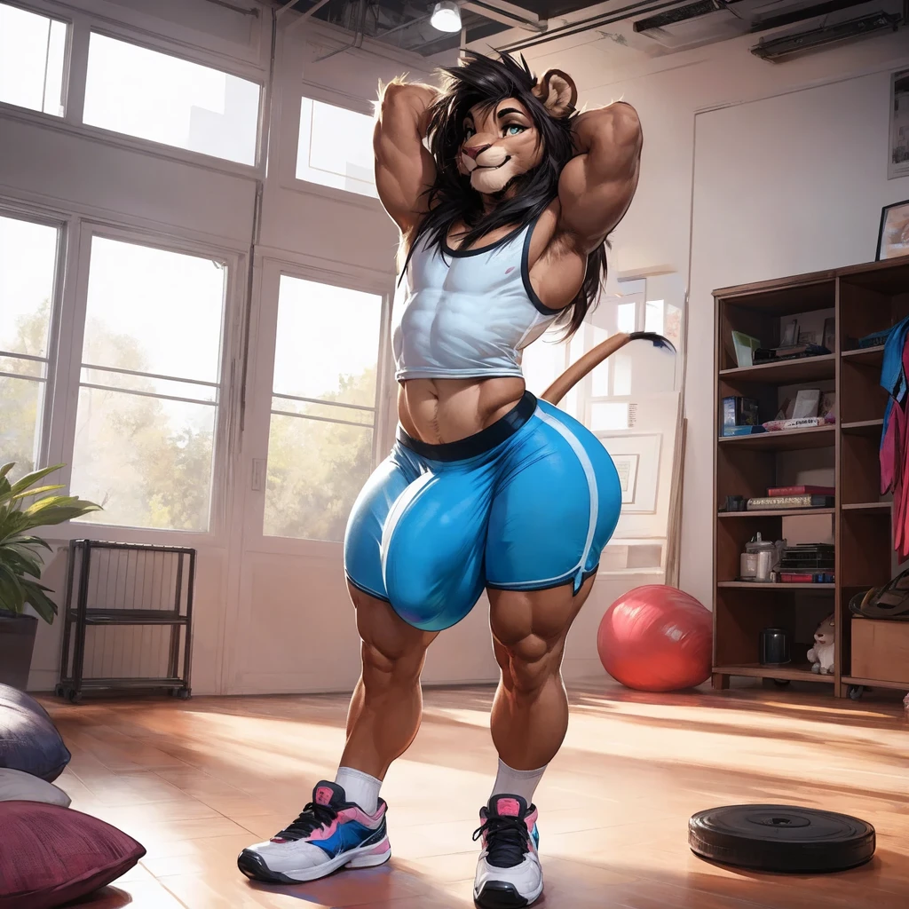 (by darkgem, by boosterpang), solo focus, 1boy, male, lion boy, cute, girly, femboy, short boy, looking at viewer, smiling, happy, large muscular body, (hyper hips:1.3), (huge bulge:1.1), (long bulge), bulgeJ8, long hair, detailed eyes, lust, masterpiece, best quality, lycra shorts, white tank top, sneakers, standing upright, photorealistic, hyperrealistic, ultradetailed, detailed background, photo background, digital drawing (artwork), girly, bedroom eyes, (aerobics class), indoors, looking at viewer, stretching, hands behind head, (tail),