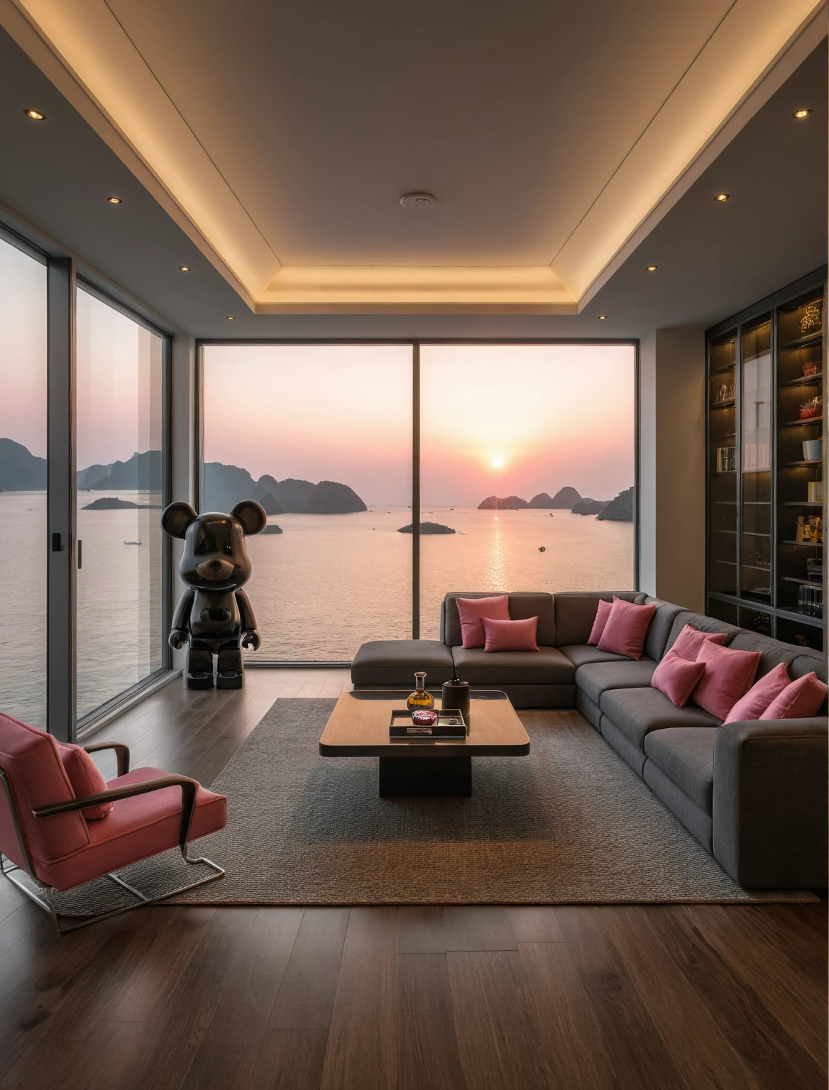 Raw photo,Masterpiece, high quality, best quality, authentic, super detail, interior, livingroom style modern, sunset, evening light, sofa, tea table, carpet, flower vase on tea table, wine bottle, tray, armchair, wine cabinet, books, glass cabinet doors, downlight, windows overlooking the evening ha long bay, (((black and pink tones))), black wooden floor, ((bearbrick pink)),