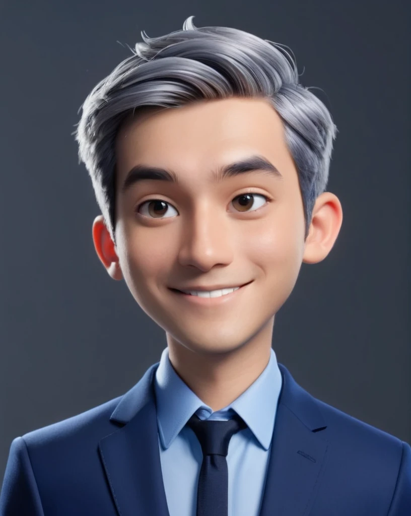 3d cartoon style, 20 years old man, short gray hair, little hair, in a dark blue suit and light blue shirt, no tie, smiling at the camera, foto perfil, commercial shot., face is brightly lit