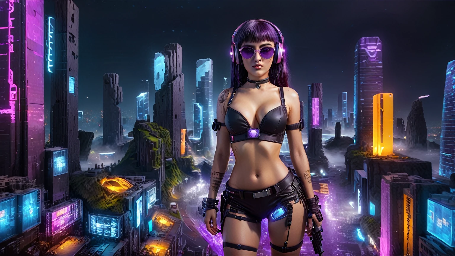 masterpiece, best quality, high resolution, 8k, (Portrait Photos:1.5), (R Original Photo), real picture, Digital Photography, (A fusion of cyberpunk and fantasy), 20 year old girl, solo, (((black sunglasses, headphone))), Feel free to hairstyle, Purple Eyes, By Bangs, (large breasts, cleavage, Accessories, Elegant and charming, Combination of cyberpunk and fantasy style clothing, Hollow carving design, Photo poses, Realistic style, (((((((pistol shooting pose))))))), oc render reflection texture, sentry, (((((aerial view of Cyberpunk style future city, giant ice (Easter Island Moai) sculpture))))), night, Bustling streets, (((((half-body (thigh level) medium shot))))).