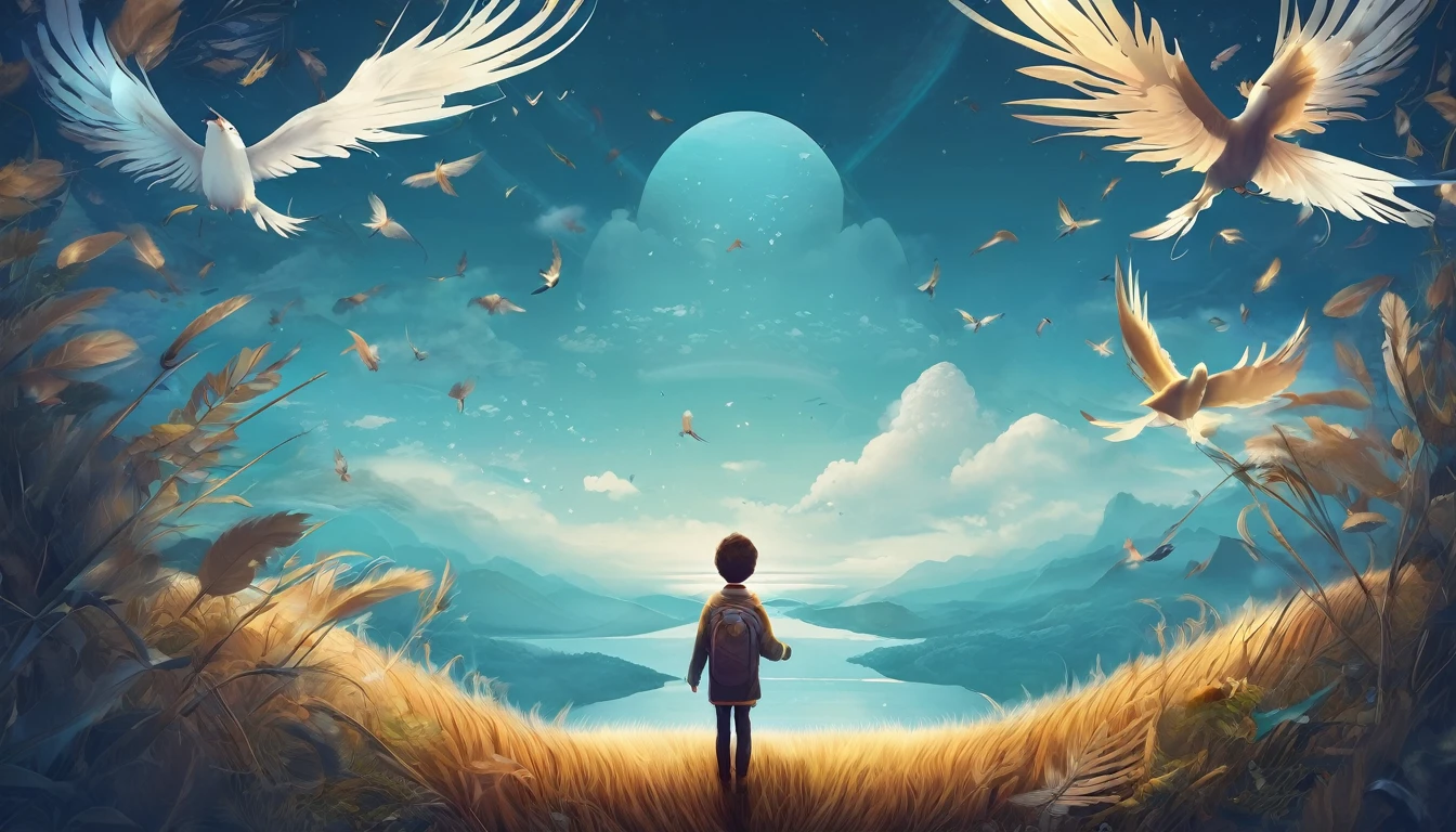 Create a professional, fantastic, cinematic dream-like Youtube Banner for a brand about music, stories, fantasy and dreams called " Penamemoria". Masterpiece, 4k, sharp focus, highest quality,wide shot. The title is " Penamemoria". Is a brand about the creative, unique journey of a boy into becoming a musician storyteller. In his journey he finds inspiration in a world of birds and feathers. Minimalistic, simple, poetic, dreamy logotype at the center of the image. The Background image is a world full of fantastic feathers, unique birds, light blue sky, soft white and light golden. Logo design of a face of a boy and a face of a feather