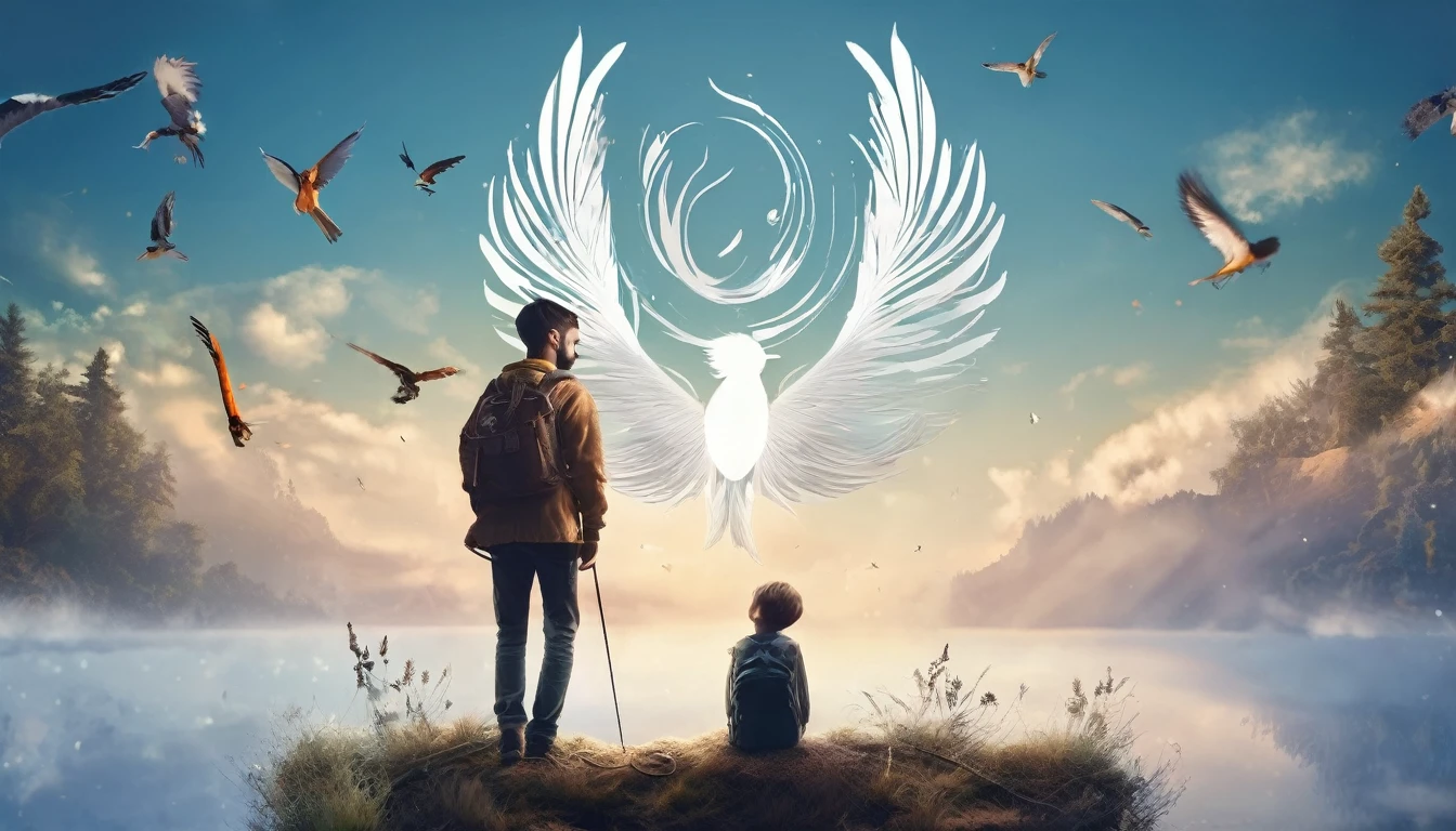 Create a professional, fantastic, cinematic dream-like Youtube Banner for a brand about music, stories, fantasy and dreams called " Penamemoria". Masterpiece, 4k, sharp focus, highest quality,wide shot. The title is " Penamemoria". Is a brand about the creative, unique journey of a boy into becoming a musician storyteller. In his journey he finds inspiration in a world of birds and feathers. Minimalistic, simple, poetic, dreamy logotype at the center of the image. The Background image is a world full of fantastic feathers, unique birds, light blue sky, soft white and light golden. Logo design of a face of a boy and a face of a feather