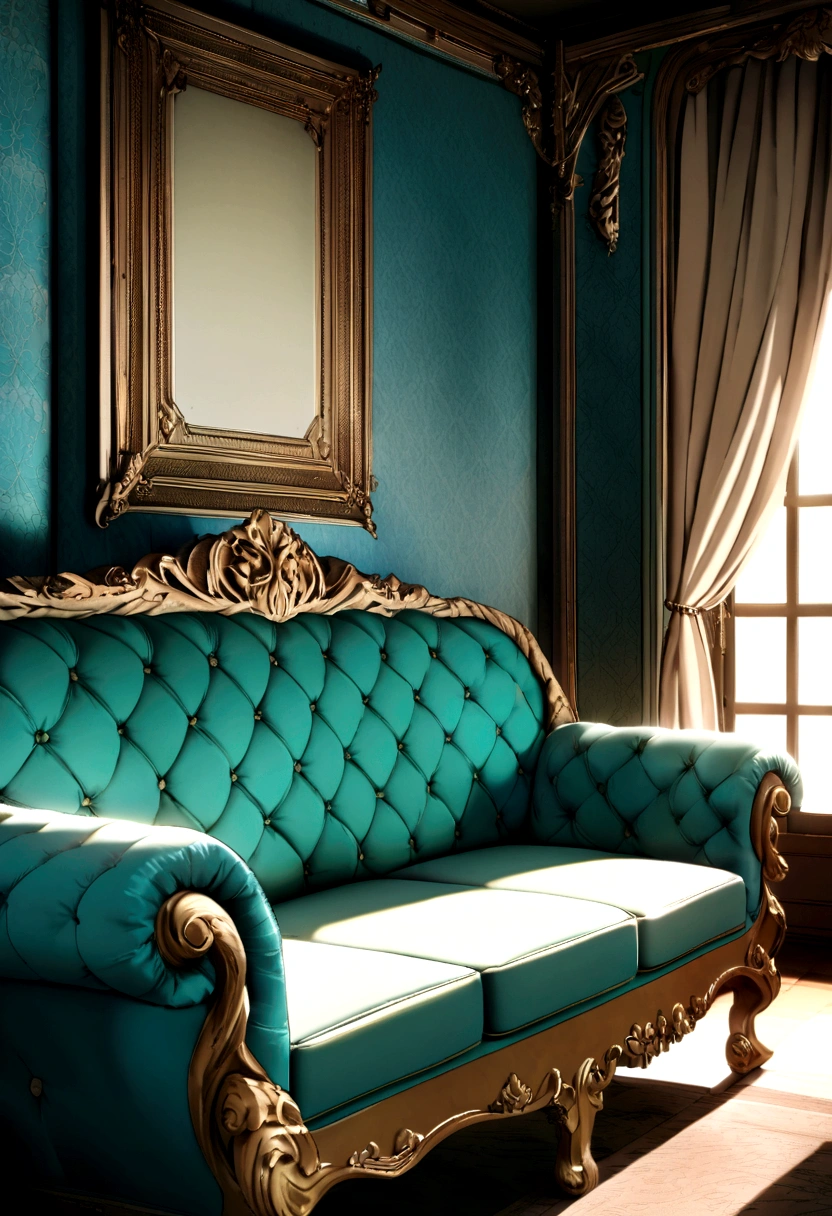 Close-up of a sofa in a room with a window Beautiful interior　Sense of luxury　tiffany blue wallpaper　Italian aristocratic interior