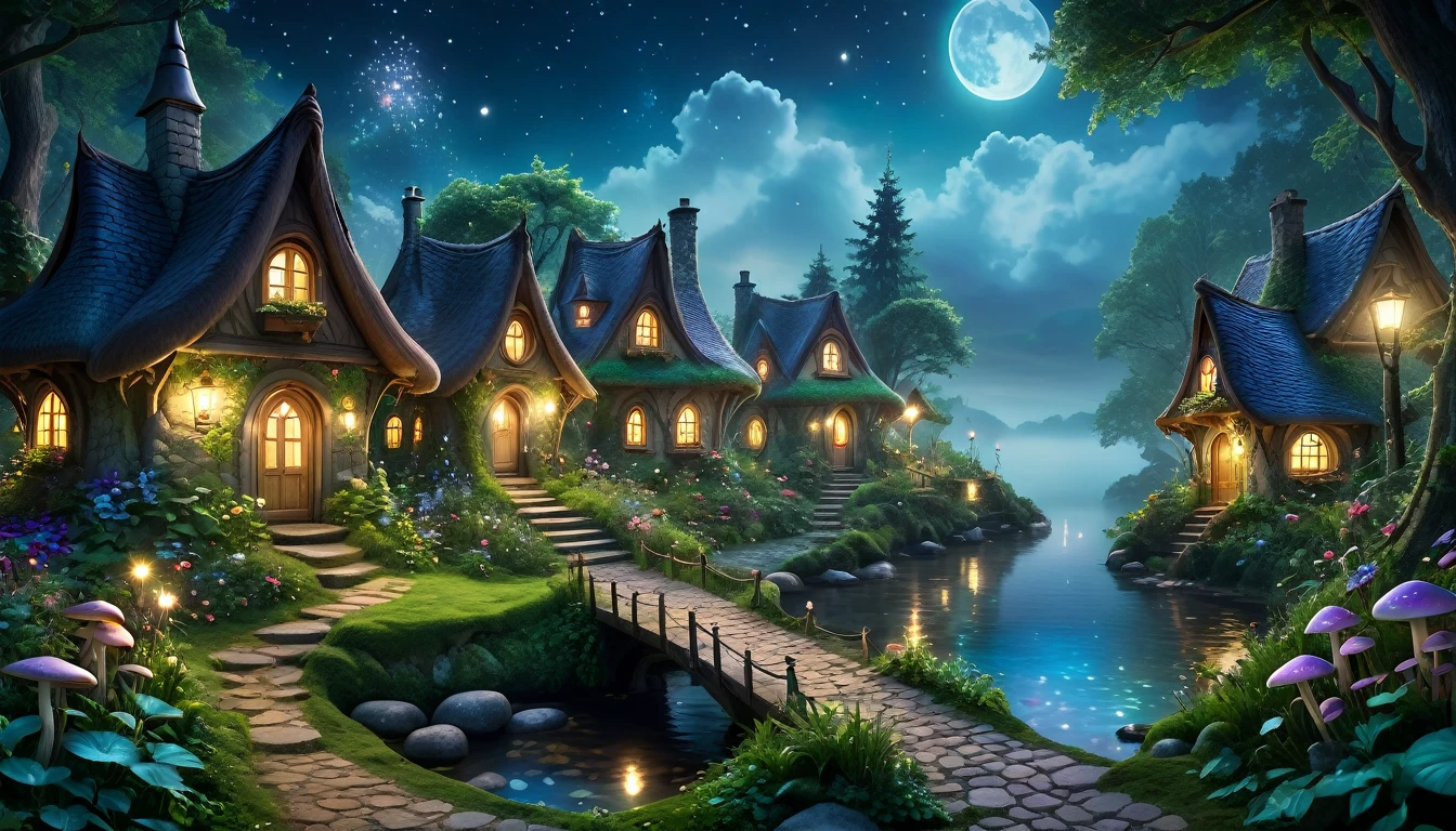 (best quality, 4k, 8k, highres, masterpiece:1.2), ultra-detailed, (realistic, photorealistic, photo-realistic:1.37), a charming fairy village at night, in the middle of a dense forest, enchanted forest, glowing mushrooms, whimsical treehouses, lush greenery, sparkling waterfalls, fairy lights, dainty flowers, serene atmosphere, fairy dust, ethereal beings, peaceful lakeside, cobblestone pathways, celestial stars, stunning architecture, mystical fog, harmonious colors, surreal ambiance, fairytale-like cottages, whispering winds, dream-like, imagination, tranquil haven, nocturnal magic, dense foliage, thick trees, overgrown vegetation, secluded, deep woods, night, overcast sky, thick clouds covering the sky
