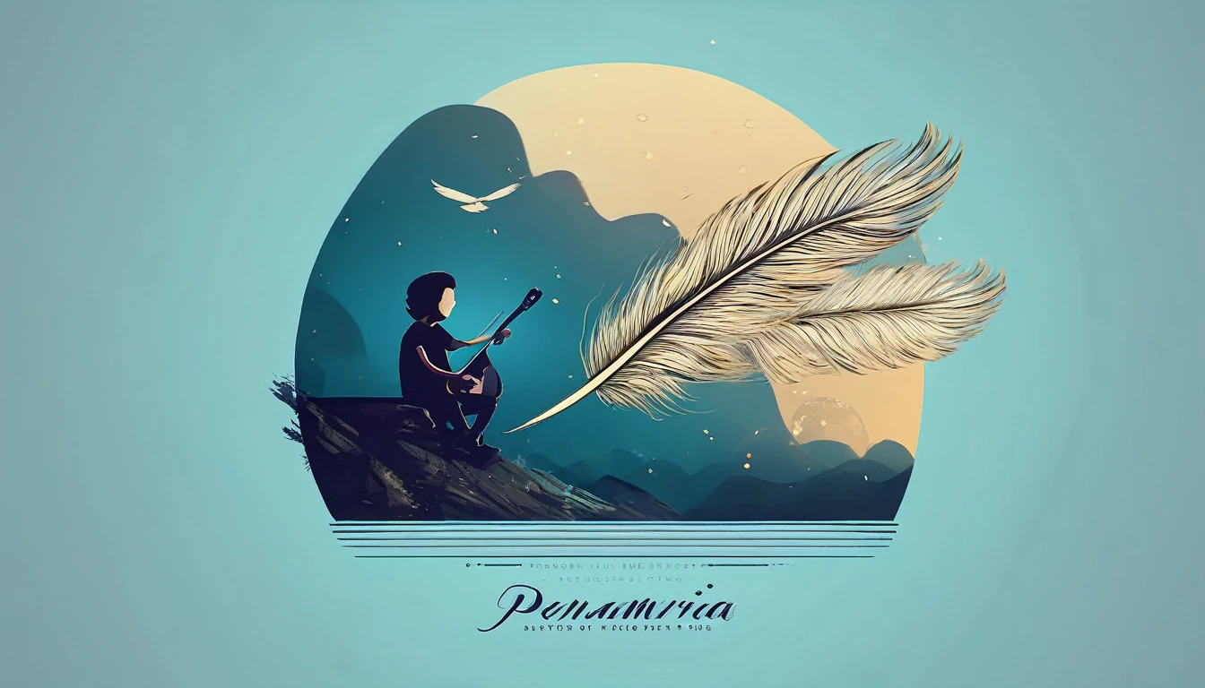 Create a professional, fantastic, cinematic dream-like Youtube Banner for a brand about music, stories, fantasy and dreams called " Penamemoria". Masterpiece, 4k, sharp focus, highest quality,wide shot. The title is " Penamemoria". Is a brand about the creative, unique journey of a boy into becoming a musician storyteller. In his journey he finds inspiration in a world of birds and feathers. Minimalistic, simple, poetic, dreamy logotype at the center of the image. The Background image is a world full of fantastic feathers, unique birds, light blue sky, soft white and light golden. Logo design of a face of a boy and a face of a feather