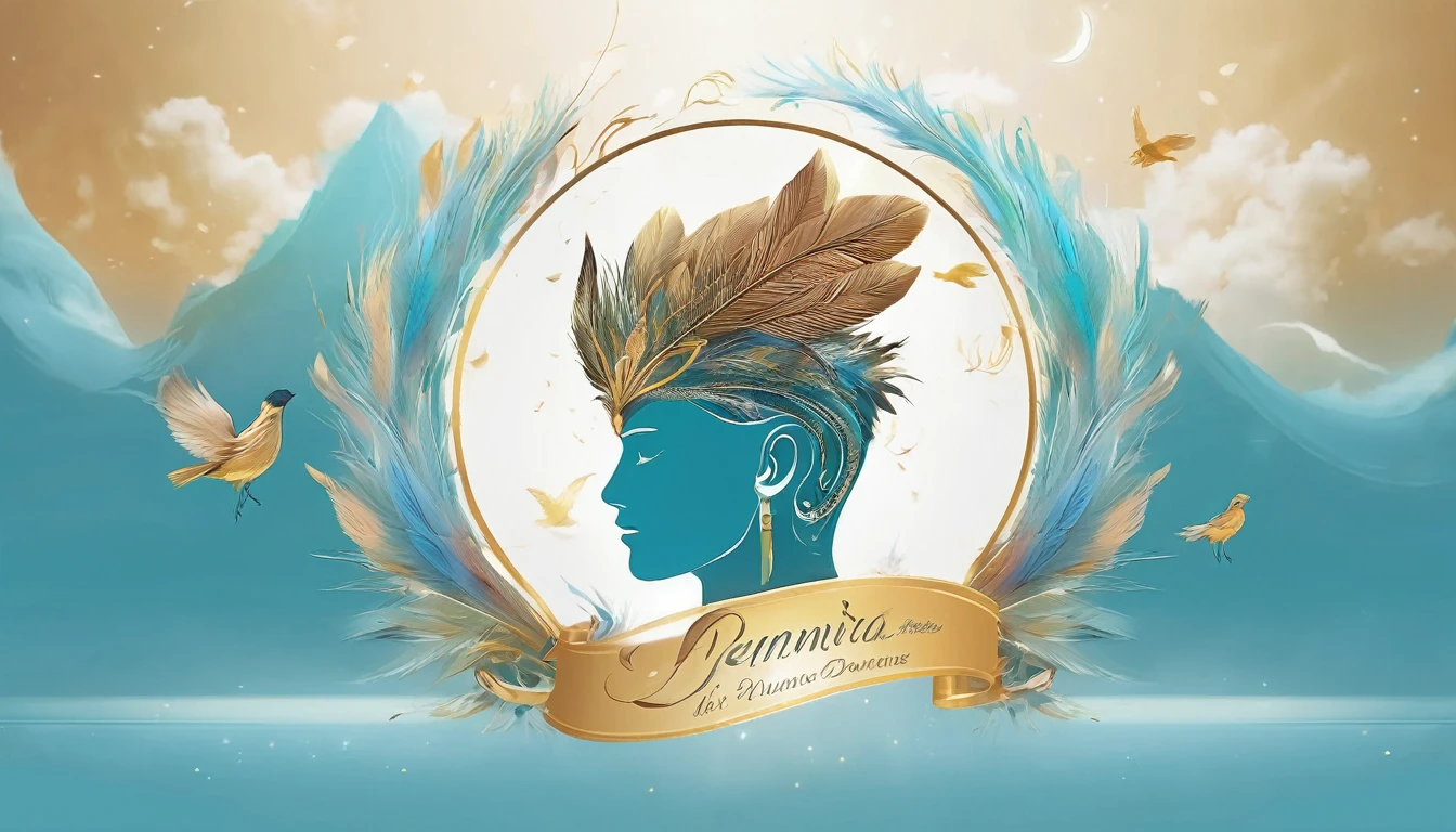 Create a professional, fantastic, cinematic dream-like Youtube Banner for a brand about music, stories, fantasy and dreams called " Penamemoria". Masterpiece, 4k, sharp focus, highest quality,wide shot. The title is " Penamemoria". Is a brand about the creative, unique journey of a boy into becoming a musician storyteller. In his journey he finds inspiration in a world of birds and feathers. Minimalistic, simple, poetic, dreamy logotype at the center of the image. The Background image is a world full of fantastic feathers, unique birds, light blue sky, soft white and light golden. Logo design of a face of a boy and a face of a feather