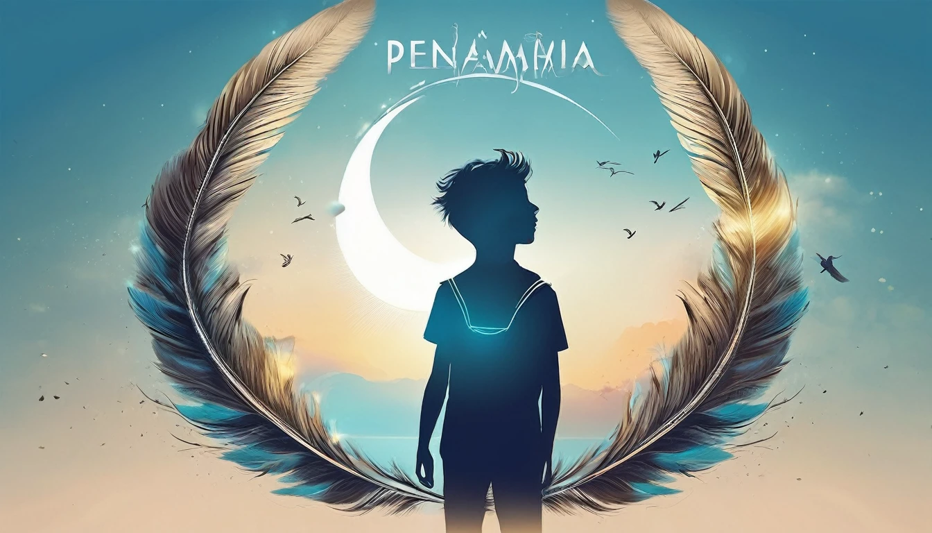 Create a professional, fantastic, cinematic dream-like Youtube Banner for a brand about music, stories, fantasy and dreams called " Penamemoria". Masterpiece, 4k, sharp focus, highest quality,wide shot. The title is " Penamemoria". Is a brand about the creative, unique journey of a boy into becoming a musician storyteller. In his journey he finds inspiration in a world of birds and feathers. Minimalistic, simple, poetic, dreamy logotype at the center of the image. The Background image is a world full of fantastic feathers, unique birds, light blue sky, soft white and light golden. Logo design of a face of a boy and a face of a feather