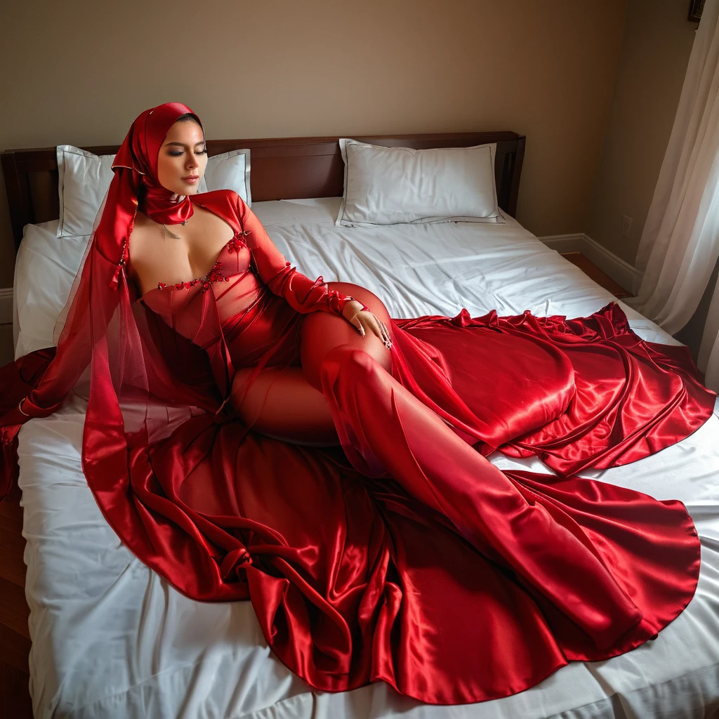 a woman in the translucent silk red gown, tight full body tied, satin sheet, nipple on with nipple piercing, wearing translucent veils, satin hijab, full body, long satin,mermaid tight long gown, flowy dramatic long gown, lying on satin, tall women, satin bed, wear high heels, masterpice