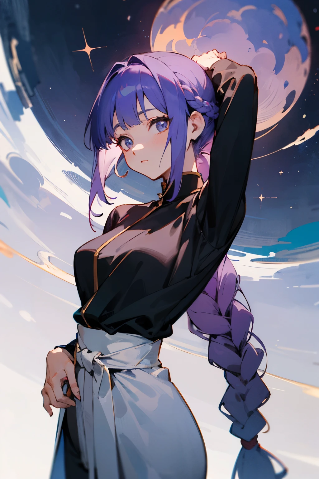Aiko Miyamoto is a serene jujutsu kaisen Sorceress, with an appearance that combines elegance and mystery. She has long, silky purple hair that forms a single braid at the back of her head., without wearing hats and ornaments. His eyes are a deep shade of purple. , as if looking at the cosmos, often adorned with an enigmatic glow. Aiko wears modern clothes with a touch of traditional Japanese. 
