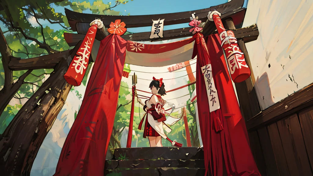 A quiet Japanese shrine maiden holding a bow and arrow smiling at the camera in front of the temple,Anime style