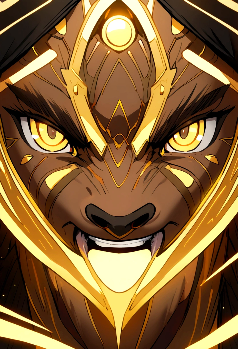 brown mole, brown eyes, 2 mole teeth, black hat with yellow lights, brown fur with yellow center, gray loincloth