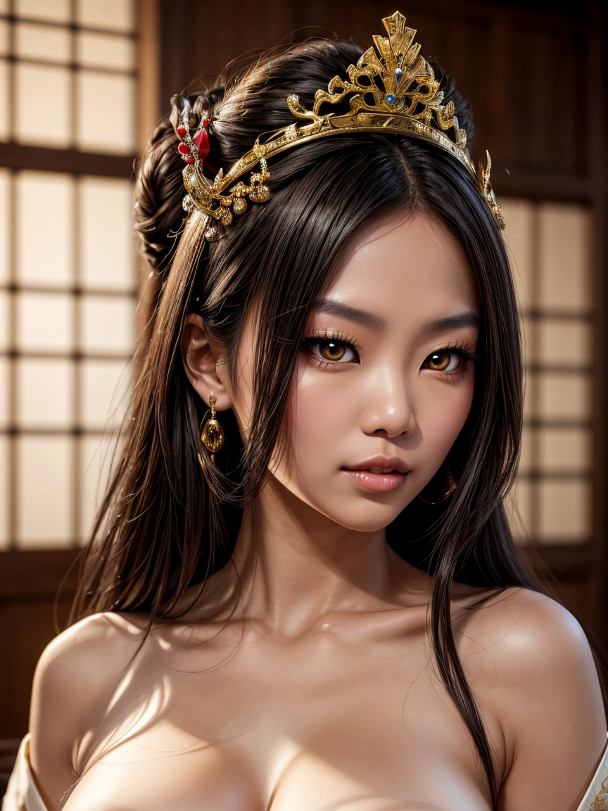 ((maximum quality, hyper-realistic, 8k, high definition, intricate details)), a nude beautiful young geisha, with flowing black hair, full lips, full breasts, silky skin, beautiful eyes, wearing a white top, wearing a beautiful golden stylized crown, Japanese Goddess, glamorous and sexy geisha, Hyperrealistic Asian woman, photorealistic Empress goddess, sensual goddess of intricate details, (thighs, pubic_hair)