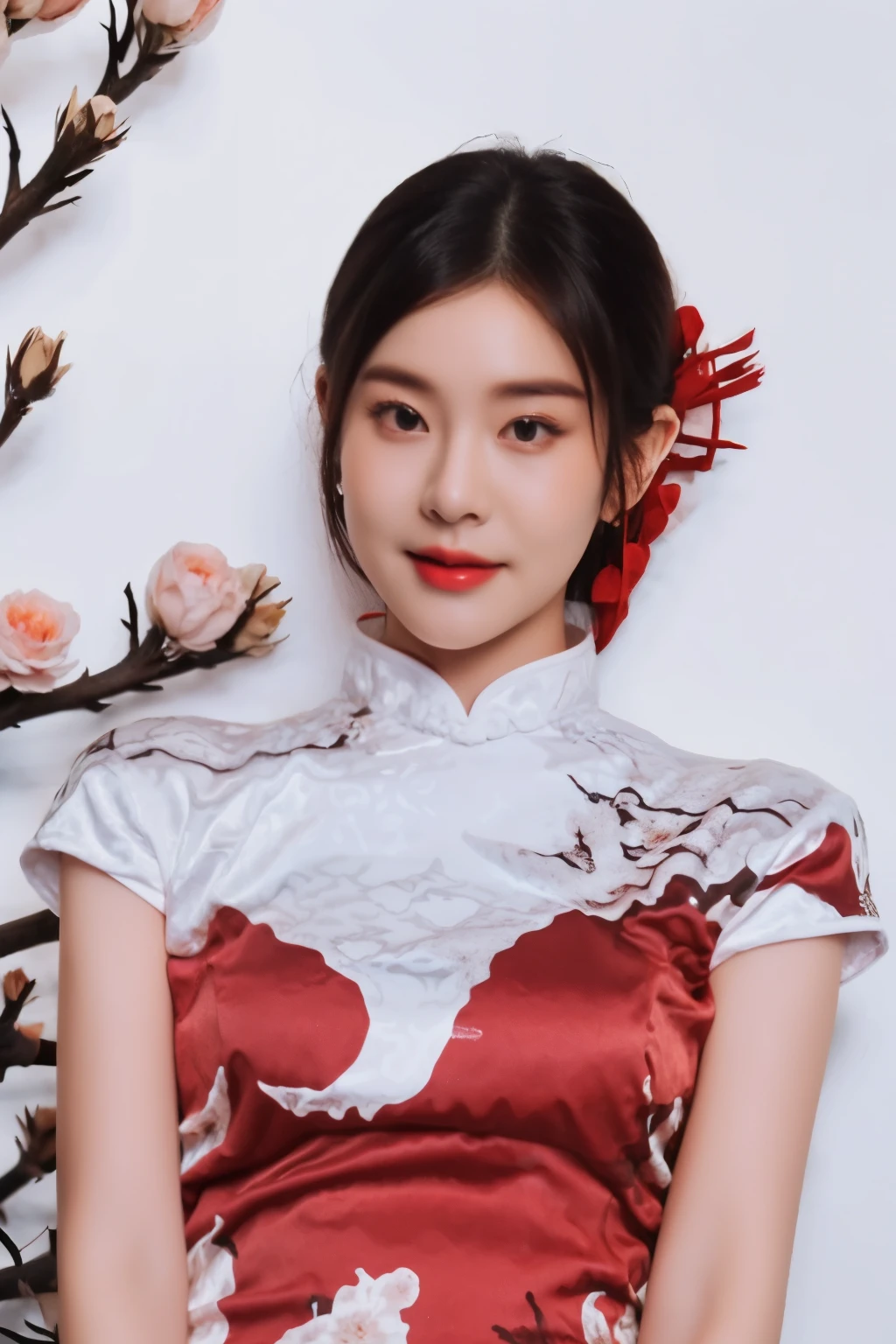 1 girl, hair accessories, alone, flower, hair flower, candle, earrings, jewelry, black hair, black eyes, Fuzzy, Lips, Red Lips, looking at the audience, tassel, Depth of Field, cosmetics, actual,(Red_clothing:1.3),chinese clothing, 碎flower, Upper Body, Medium breasts, Off-shoulder
