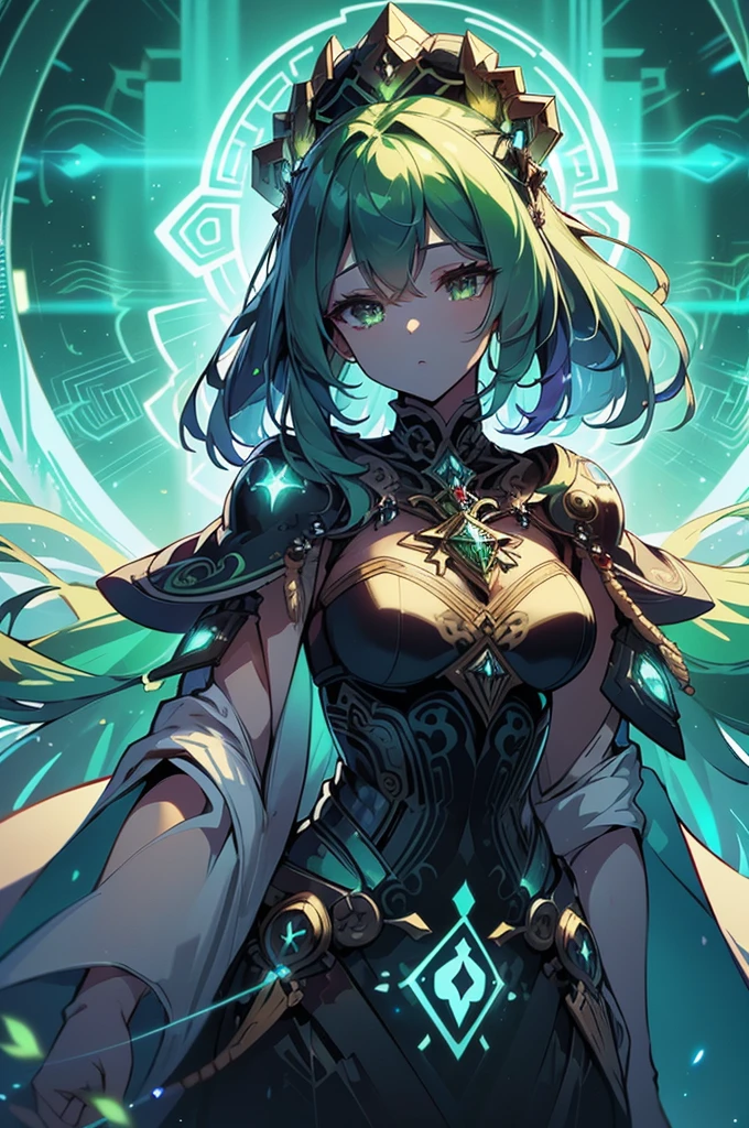 A luminous digitalized solarpunk sorcerer, radiating with energy and life in a vibrant and futuristic cartoon. The image is a digitally painted masterpiece, showcasing the sorcerer in intricate detail against a backdrop of lush greenery and solar panels. Their glowing iridescent tattoos and flowing technicolor cloak evoke a sense of magic and harmony with nature. This high-quality image captures the essence of modern mysticism and ecological beauty in a captivating and visually stunning way.