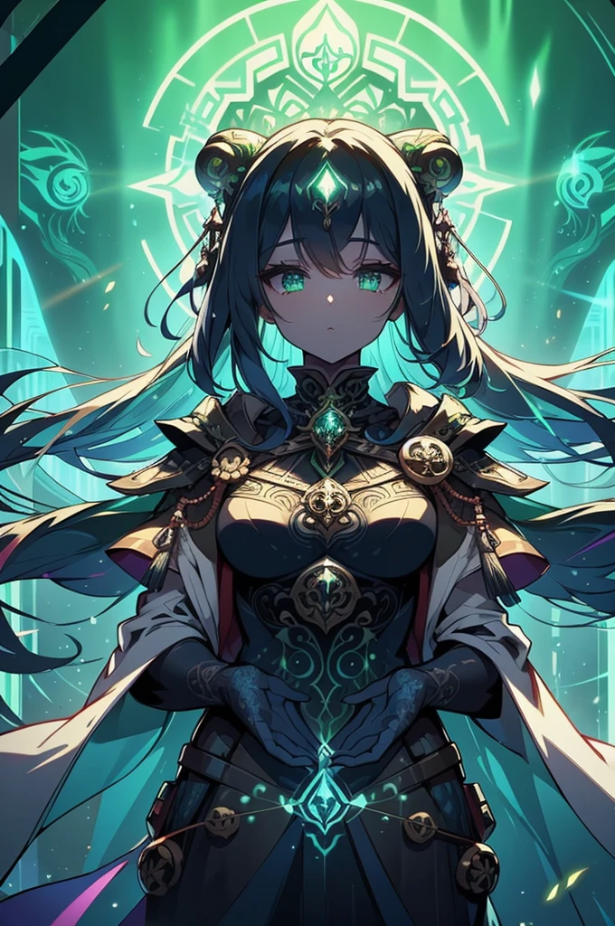 A luminous digitalized solarpunk sorcerer, radiating with energy and life in a vibrant and futuristic cartoon. The image is a digitally painted masterpiece, showcasing the sorcerer in intricate detail against a backdrop of lush greenery and solar panels. Their glowing iridescent tattoos and flowing technicolor cloak evoke a sense of magic and harmony with nature. This high-quality image captures the essence of modern mysticism and ecological beauty in a captivating and visually stunning way.