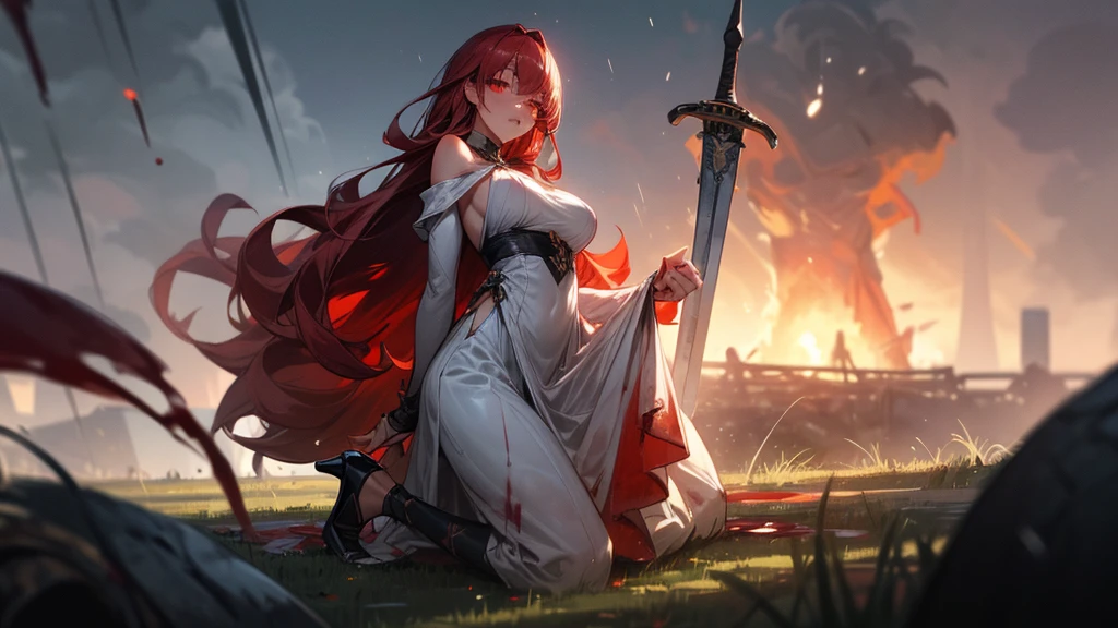 weird atmosphere, (best quality:1.1), (masterpiece:1.2), high quality shadow, beautiful detailed, (high detailed skin, skin details), (wide landscape, 8k), depth of field, highres, best illumination, (sexy), outdoors, blurry background, HD hair, beautiful face, perfect skin, red hair, long hair, (big breasts), blood particles, (night), sharp teeth, glowing red eyes, blood on face, blood on clothes, blood splashing, female knight kneel in the war fields, white dress, leavage, stocking, high heels, attack pose, close to viewer, gripping huge sword, heavy rain, in the grassland, foggy, wet body, wet hair, hair fluttering, bare shoulder, blue flame, long dress