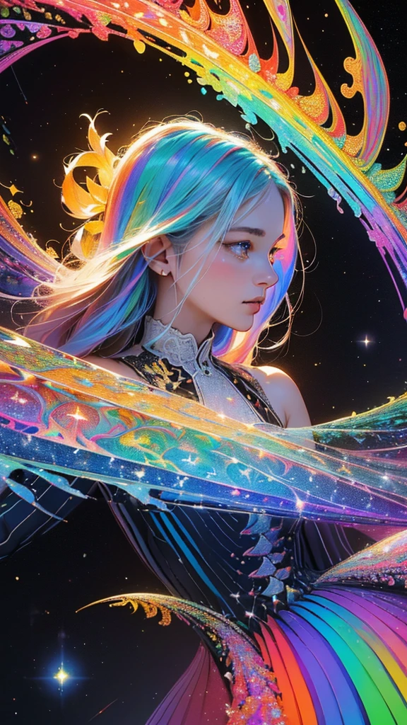 (masterpiece, Highest quality, Highest quality, beautifully、aesthetic:1.2)、Frontal face:1.5, (A woman facing forward、30th Generation), Very detailed,(Fractal Art:1.5),{{rainbow色の髪}},colorful, Most detailed, Perfect Face, Upper Body, High resolution, Milky Way, (Particles of light),colorfulなParticles of lightが周囲を囲む, Sparkling、(Dynamic stripes, rainbowの軌跡:1.2), Vibrant colors,{{Watching the audience:2}}、The crystals shine、Crystal Ball、幸運のrainbow色の鳥、Money、rainbow、Shiny Dress