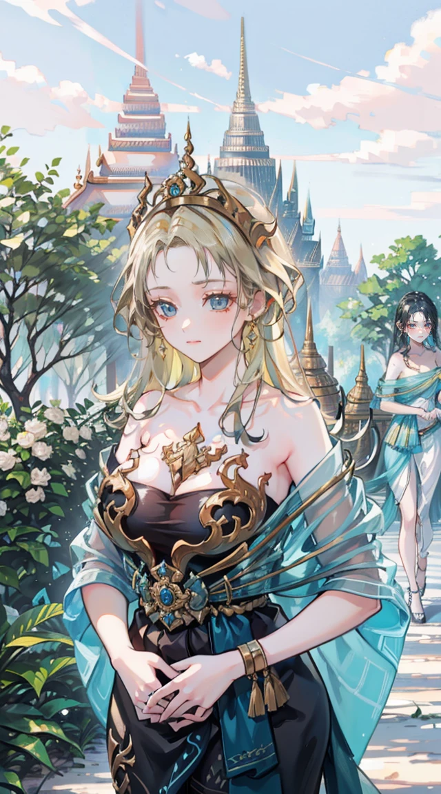 ((((2 young women ,beautiful woman)))),folk girl,long, blonde hair , blue eyes , braid ,Purple Thai dress,กระโปรงไทยโบราณlong,holding a jasmine garland,countryside,countryside,beautiful scenery,Ancient sites of Ayutthaya,smile with teeth,forehead,forehead exposed,big ,rift, ,(2 young women ,beautiful woman),หน้าอกbig,Show your breasts,The cracks are clear...........,((หัวนมbig)),(pubic bone), rift, visible chest,seductive pose,I see bulging nipples.,(((areolae ขนาดbig:1.4,pink,The nipples are clearly visible..............))),(Separate outfit showing nipples:1.4), (semi-naked:1.8),(dance,Thai dance),(pussy,bare female genitals))