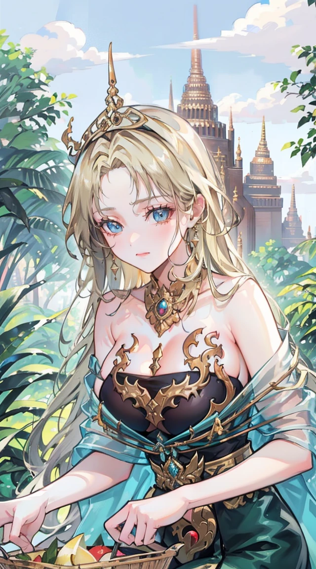 beautiful woman,Folk Girl,blonde with blue eyes,Twist,Wear a strapless Thai dress with no straps.,countryside,countryside,beautiful scenery,European Middle Ages,smile with teeth,forehead,forehead exposed,big tits,rift, (3 young adult women ,beautiful woman)