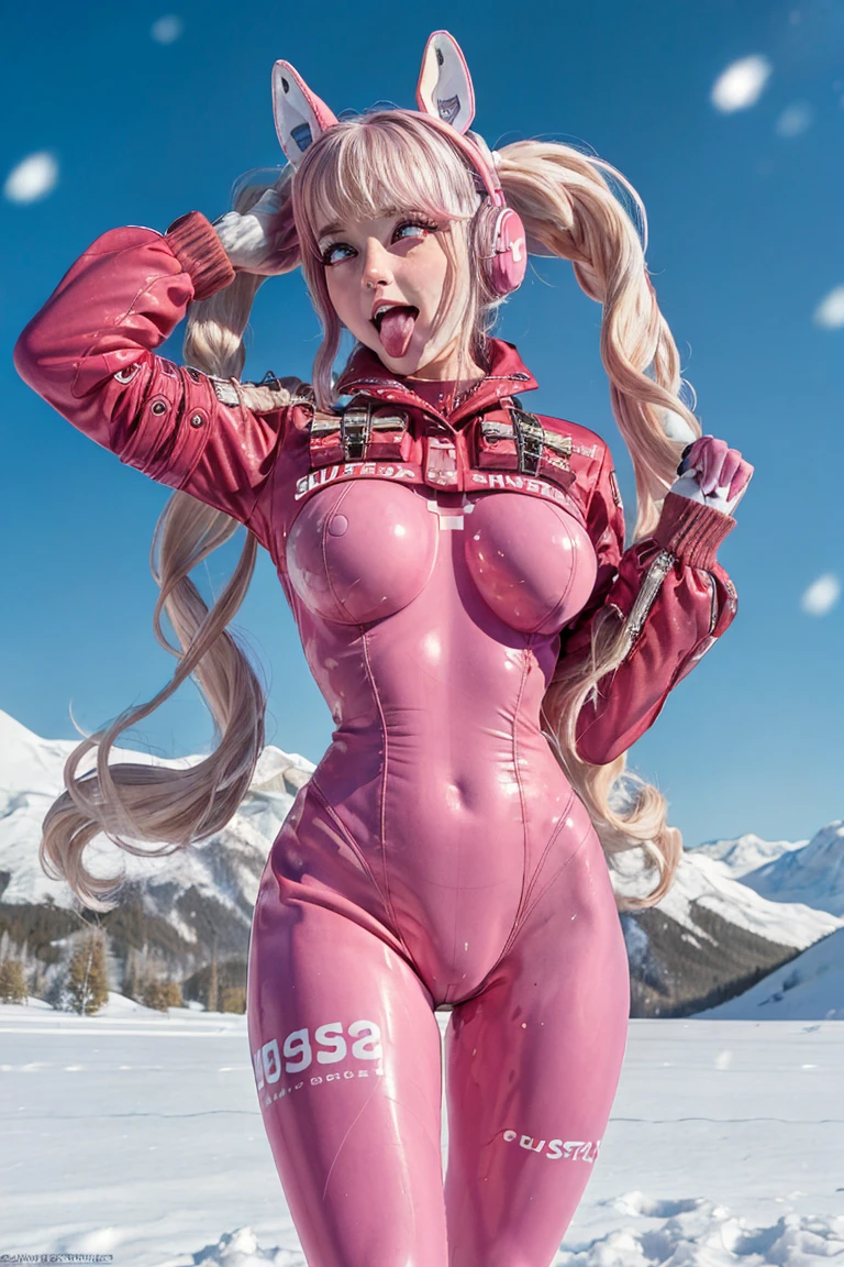(photo and gross, Best Quality, Masterpiece:1.2), (realist, photo-realist:1.4),(Masterpiece:1.4),(Best Quality:1.4),1 girl, Alone, :d, animal ear headphones, animal ears, arms up, hits, blush, bodysuit, old, Bunny Pose, clothing writing, covered navel, cowboy shot, cropped Jacket, fake animal ears, gloves, outdoor,tomorrow,snow, hair intakes, headphones, impossible bodysuit, impossible clothes, Jacket, large old, latex, latex bodysuit, wide, long sleeves, looking at the viewer, large old, multicolored gloves, Open mouth, pink bodysuit, pink eyes, red eyes, red Jacket, bright clothes, Shrug \(Clothes\), sidelocks, tight skin, SMILE, thigh gap, Thighs, two tails, very wide, white gloves, by white,Alicia \(assent\),(shiny skin),realist,