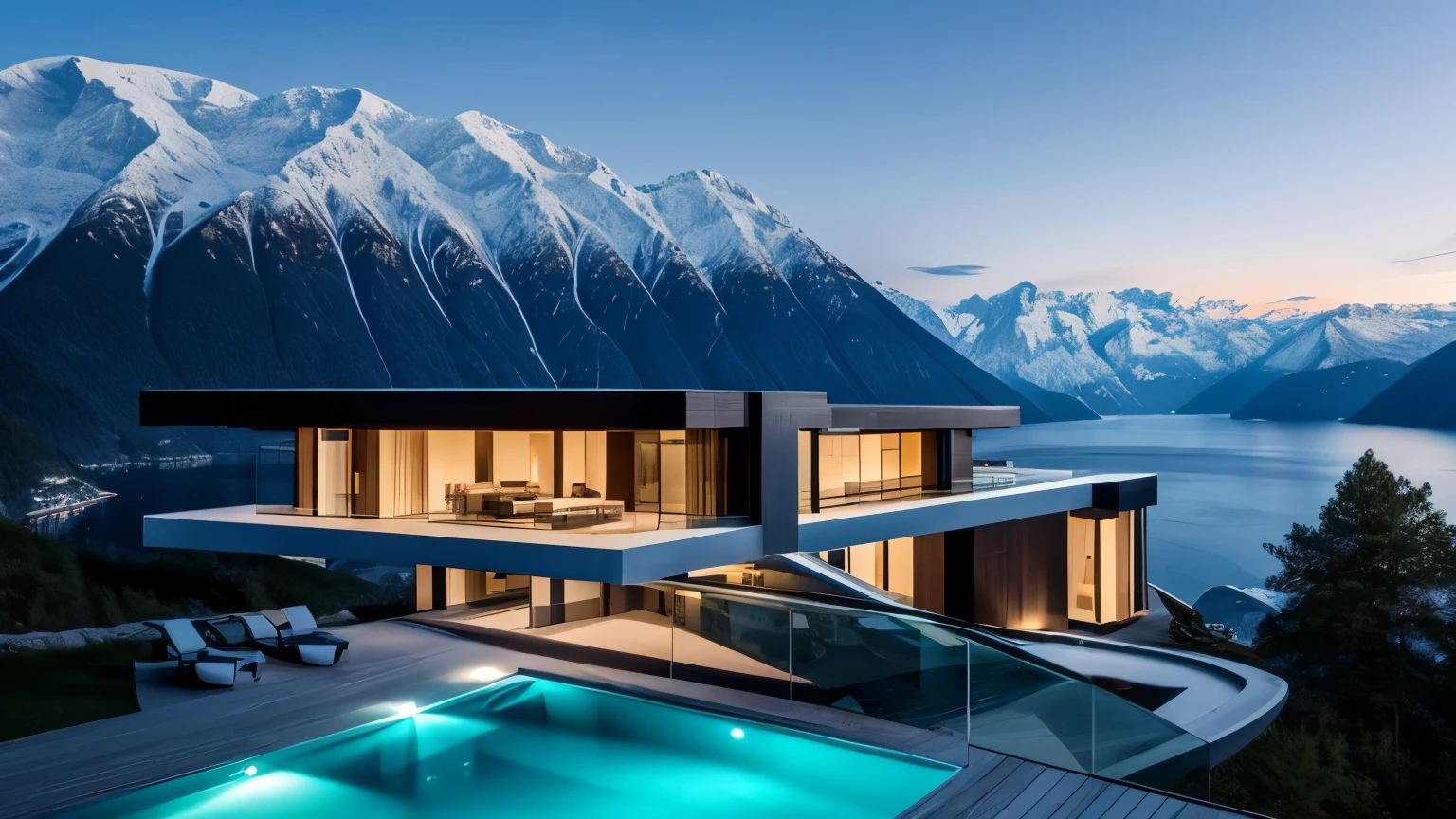 Modern cliff-top villa built into the mountains, Overlooking the Hardangerfjord. James Bond villain. In the mountains. High resolution. luxury, expensive, Pool, Futuristic big house, Luxury architecture, Ultra-modern, Sophisticated and Utopian Design, Contemporary Architectural Design, Amazing high tech