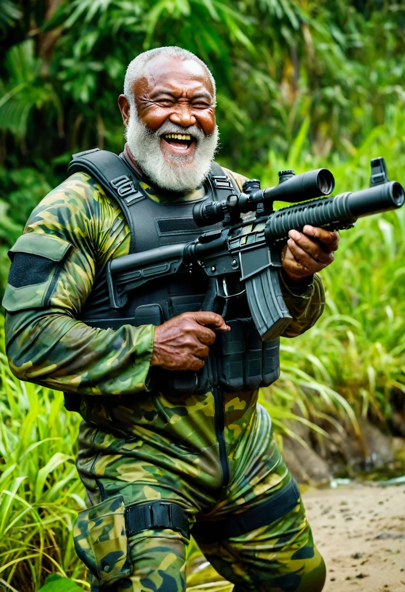 (a dark-skinned bearded fat muscular elderly old man in a bulky army camouflage zipper diver suit), shooting with sniper rifle, muscular, Bruce Onobrakpeya, sumatraism, stanley artgermm, action, heroic, fierce, grin