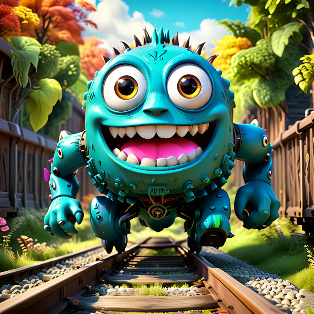 Cute monster transformed into a train, with big eyes and a joyful face, running on long rails. Pixar animation style, vibrant colors, C4D software. --ar 1:1 --v 6.0 3D render