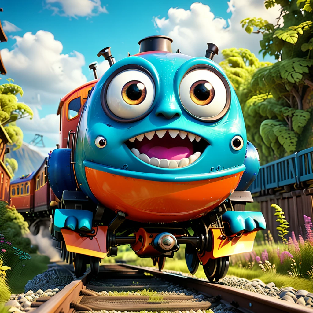 Cute monster transformed into a train, with big eyes and a joyful face, running on long rails. Pixar animation style, vibrant colors, C4D software. --ar 1:1 --v 6.0 3D render